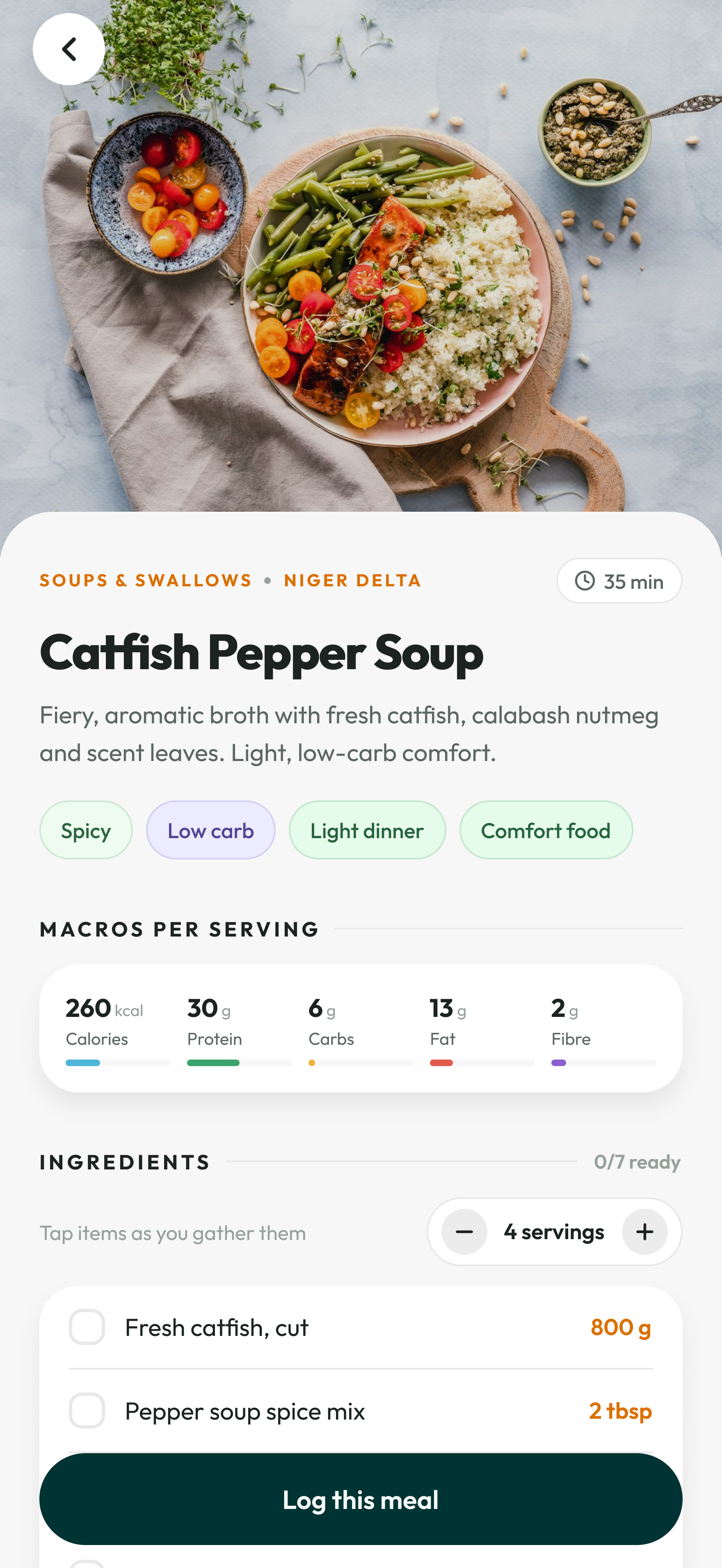 Catfish Pepper Soup detail with ingredients and serving controls