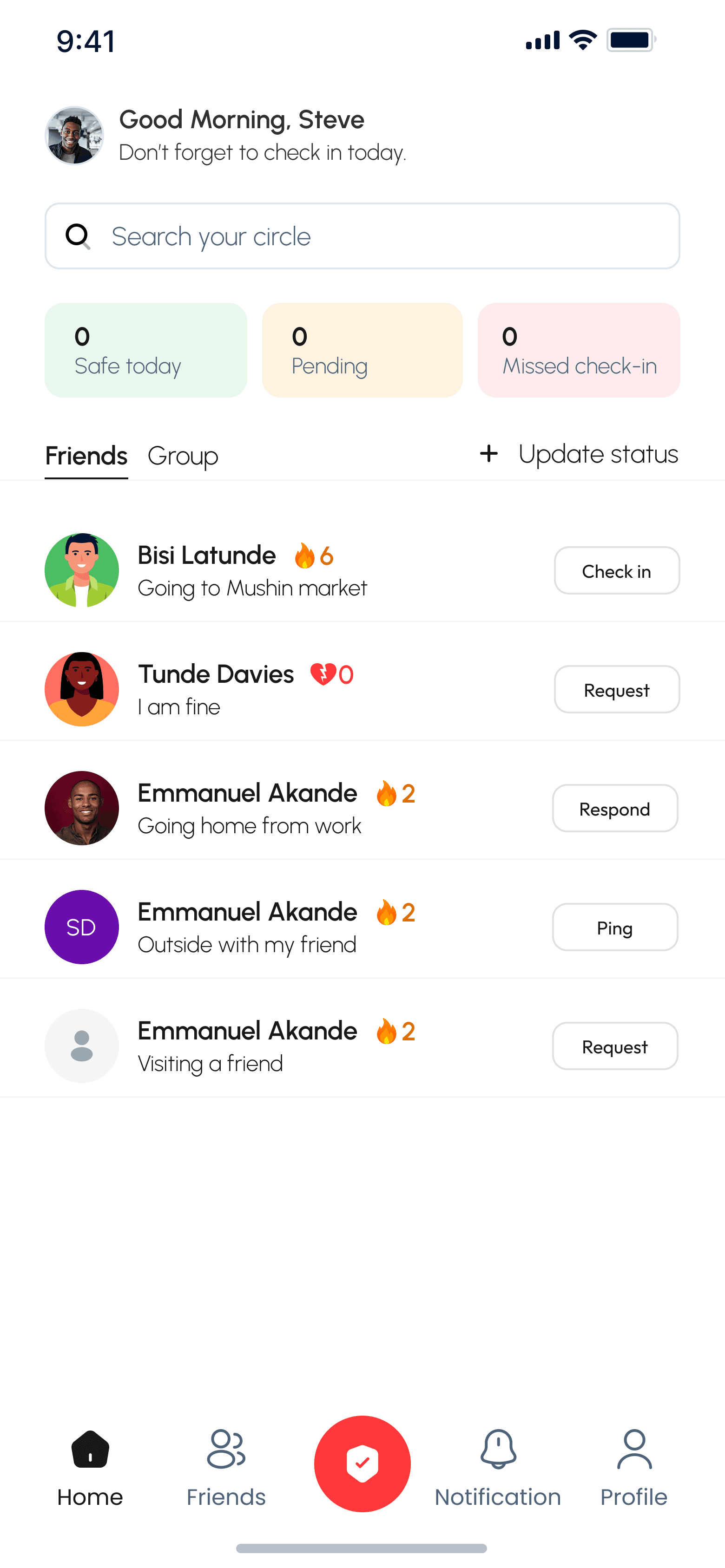 Circlly Home with friends and check-in actions